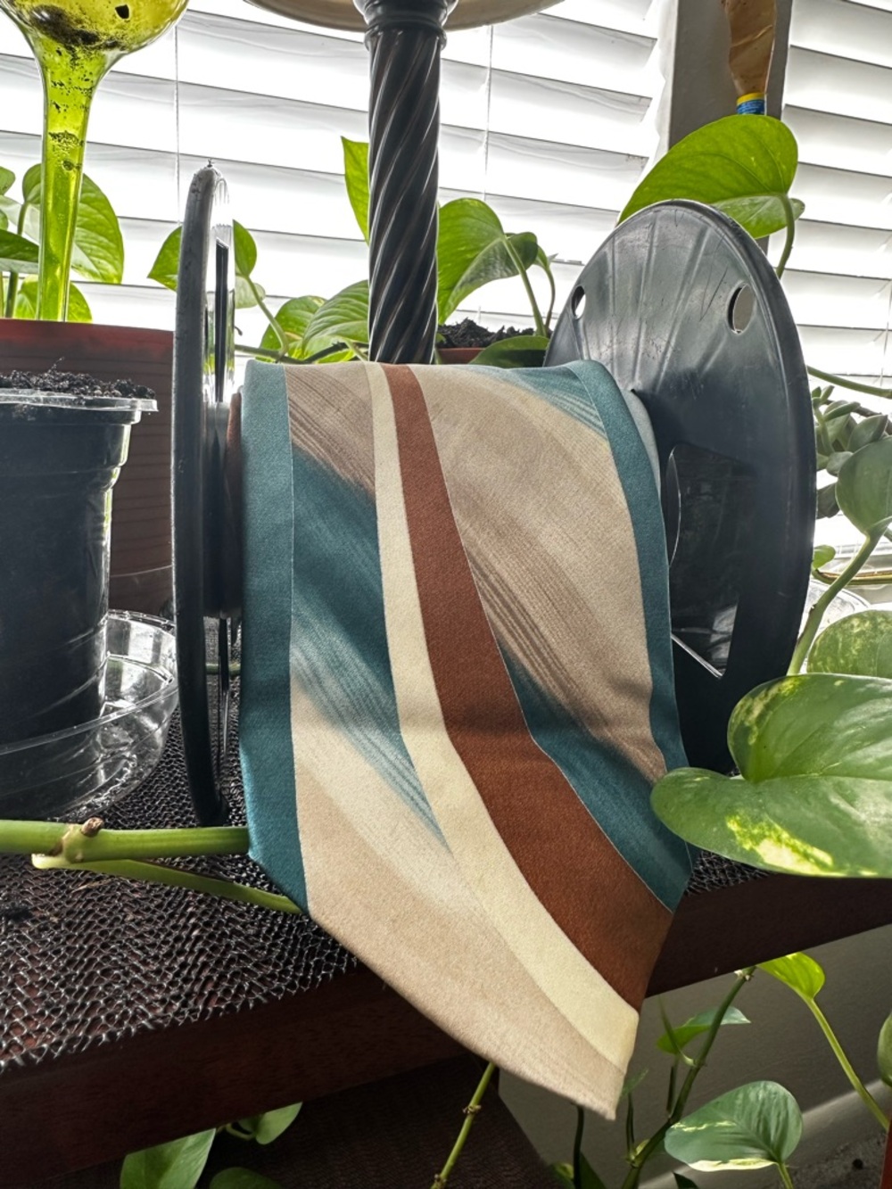 Stacy Adams Teal, Brown, Cream and Beige Striped Necktie * With Pocket Square